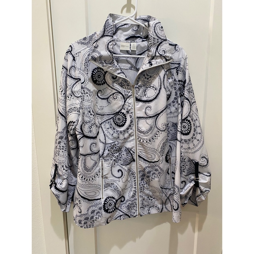 Zenergy by Chicos Womens Paisley Full Zip Jacket Black White Size 3 Large XL